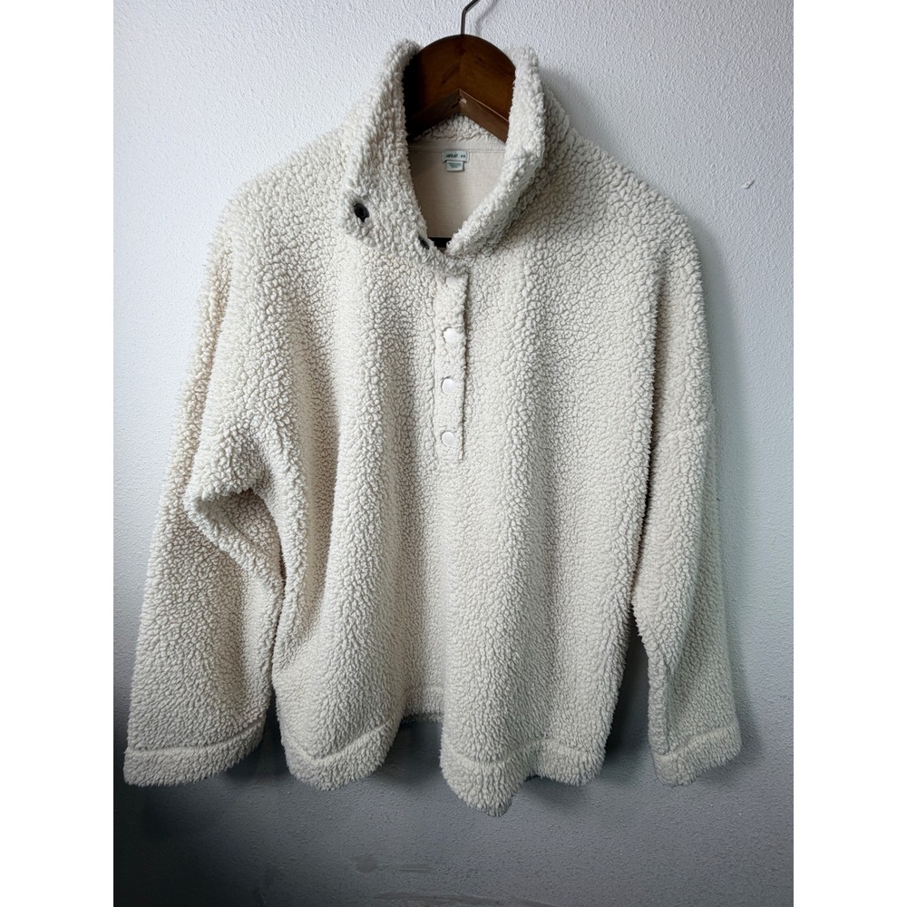 Aerie Womens Sherpa Fleece Pullover Ivory Medium Snap Neck Cozy Sweatshirt